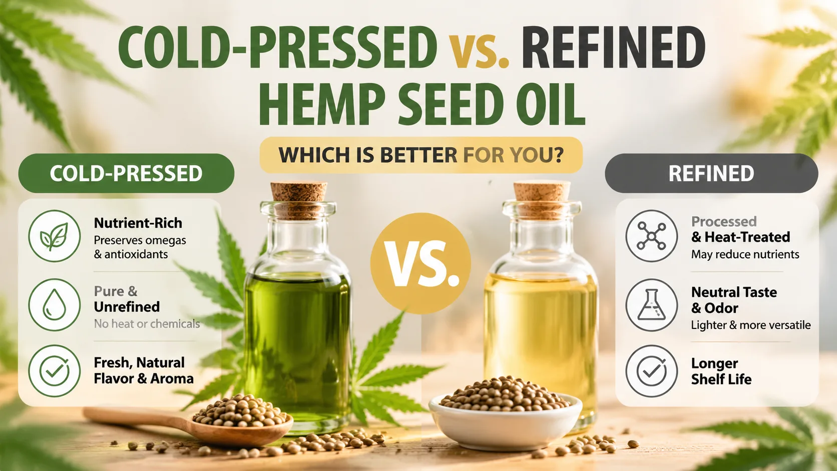Kaltgepresstes vs. raffiniertes Hanfsamenöl: Was ist besser für Sie? 9 Cold-Pressed vs. Refined Hemp Seed Oil Which Is Better for You